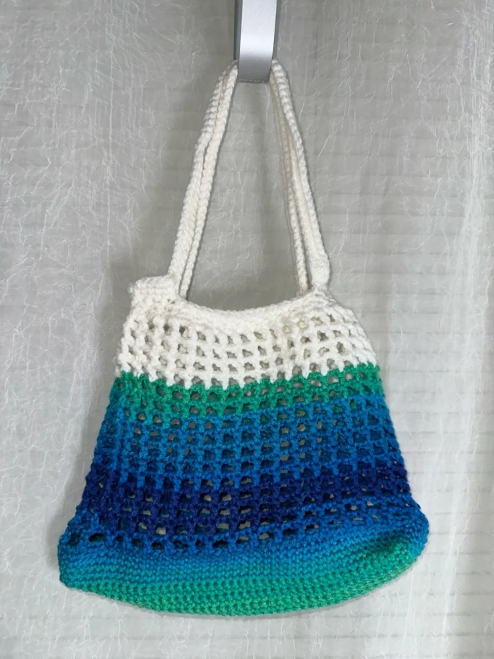 Handmade Crochet White Shades of Blue Green Small Fishnet Market Tote